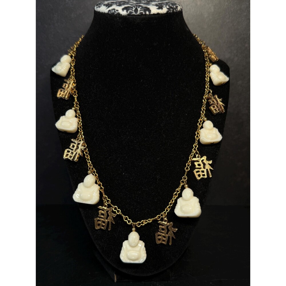 Vintage Gold Tone Laughing Buddha Shou Longevity Charm Necklace 30.5"